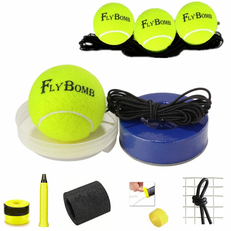 Teloon flybomb Portable Tennis Trainer 2.05LB Weight Heavy Iron Base Tennis Training Tool Exercise Tenis Ball Sports Self-Study,3 Replacement Rebound Balls+Wristband+Overgrip+Ring+Damper - Image 1